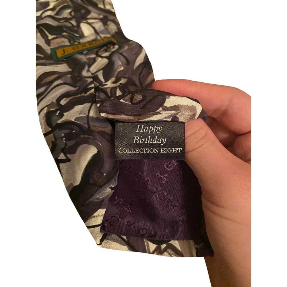 J. Garcia Mens Silk Necktie Happy Birthday Collection Eight Purple Grey Abstract